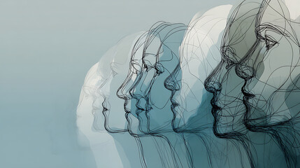 Harmonious diverse business team line art in minimalist muted gray - blue for inclusion initiatives