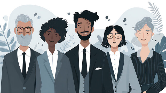 Harmonious diverse business team line art in minimalist muted gray - blue for inclusion initiatives