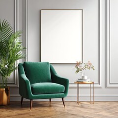 Cozy Corner Interior: A stylish interior scene, featuring a plush emerald armchair, a sleek side table adorned with floral accents, a verdant indoor plant, and a captivating empty frame.