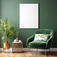 Elegant Green Interior with Art: A stylish interior scene, featuring a plush green armchair, a potted plant, and a blank art piece, creating a space of comfort, relaxation, and artistic expression.