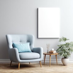 Elegant Living Room with Comfortable Armchair: A stylish, light blue armchair provides a serene space for relaxation in a contemporary living room. Paired with a small wooden table, a vibrant plant.
