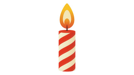 A single festive red and white striped birthday candle with a bright orange and yellow flame isolated on transparent background