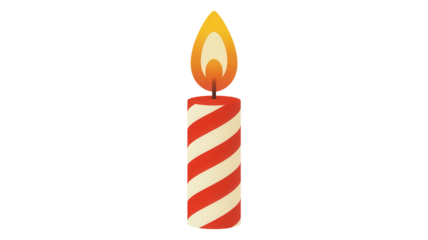 A single festive red and white striped birthday candle with a bright orange and yellow flame isolated on transparent background