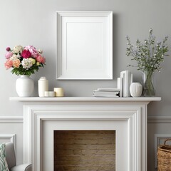 Elegance in the Frame: A minimalist interior scene centers on an empty frame poised above a classic fireplace, elegantly accented by floral displays and curated decor elements. 