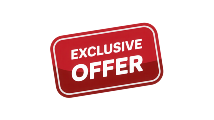 Bright red glossy rectangular sign announcing exclusive offer isolated on transparent background