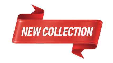 Bold red ribbon banner announcing new collection isolated on transparent background
