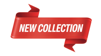 Bold red ribbon banner announcing new collection isolated on transparent background