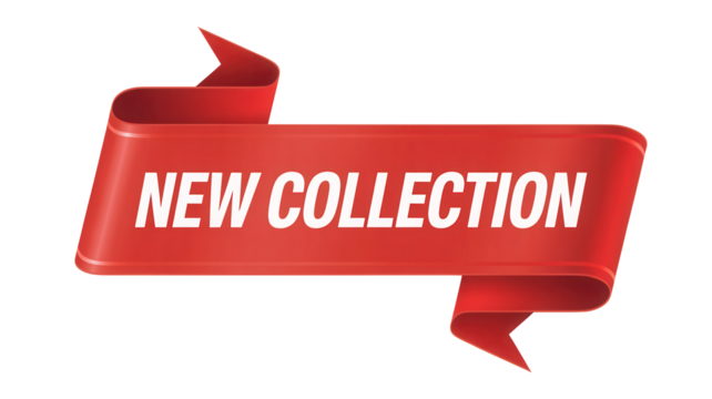 Bold red ribbon banner announcing new collection isolated on transparent background