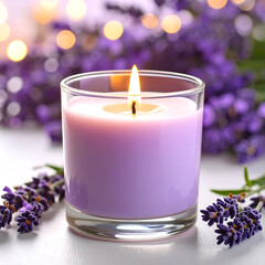 Lit candle in glass with lavender and transparent background ambient scene