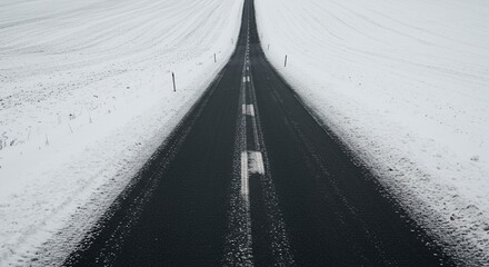 An aerial view of a long, straight asphalt road cutting through a vast, snow-covered landscape.