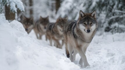 Naklejka premium A wolf pack travels in a line along a snowy forest path during the winter season