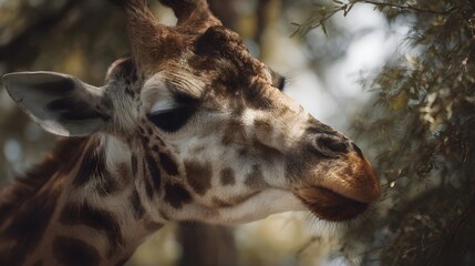 A close up portrait of a giraffe s head and neck in its natural habitat showcasing its unique patterned fur and gentle expression