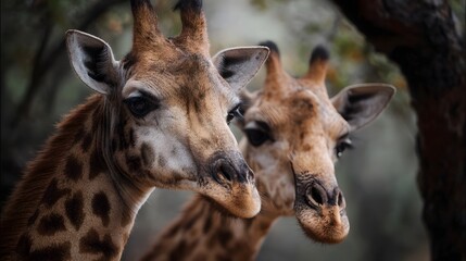 Two majestic giraffes with distinctive patterned fur are close up against a blurred natural background