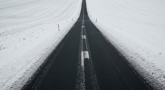 An aerial view of a long, straight asphalt road cutting through a vast, snow-covered landscape.