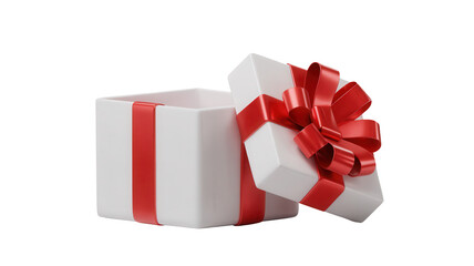 A partially opened white gift box with red stripes and a large red ribbon bow isolated on transparent background