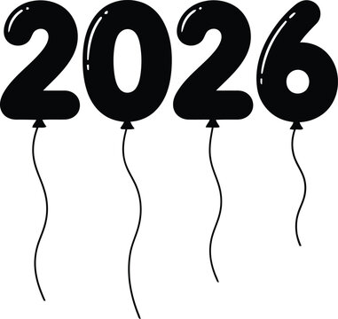 Whimsical balloon shaped numbers 2026 with dangling strings in silhouette style for festive celebrations and new year designs