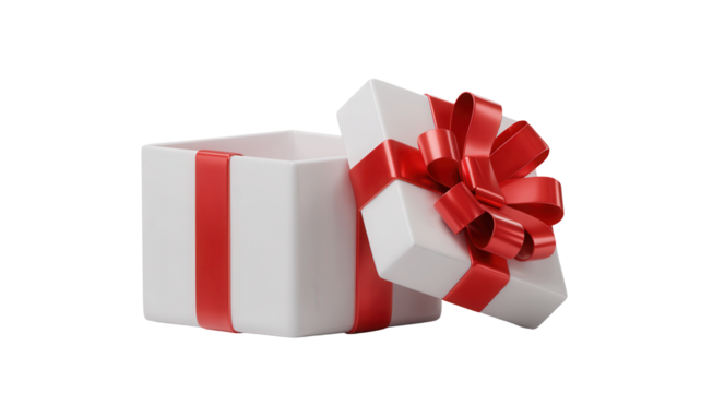 A partially opened white gift box with red stripes and a large red ribbon bow isolated on transparent background