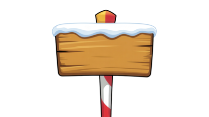 Whimsical wooden signpost with snowy top and candy cane pole isolated on transparent background