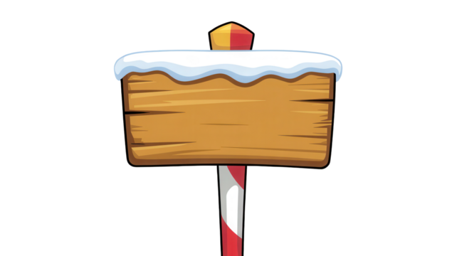 Whimsical wooden signpost with snowy top and candy cane pole isolated on transparent background