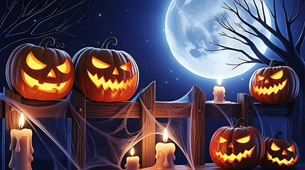 Spooky Halloween Night with Glowing Jack, Lanterns, Candles, and Full Moon, Festive Halloween Background.