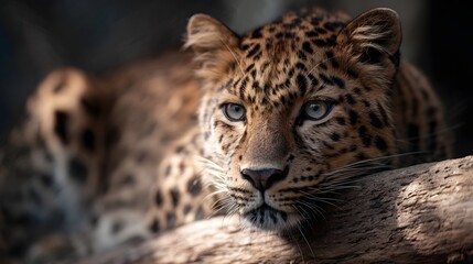 Fototapeta premium Close up portrait of a majestic leopard resting on a tree branch with soft d d sunlight illuminating its spotted coat and intense gaze