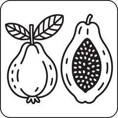 Tropical Fruit Duo Coloring Book Page | Guava and Papaya Line Drawing | Fun Printable Kids and Adult Coloring Page Artwork.