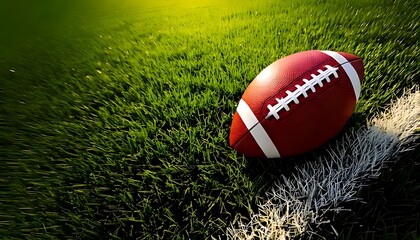 Red American football on a grass field with intense concentration