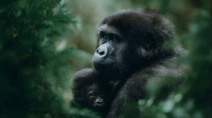 A mother gorilla tenderly holds her infant amidst lush green foliage in a forest