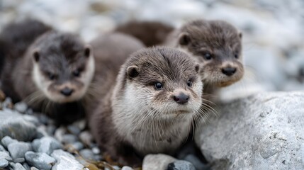 Obraz premium Three young otters resting on a pebble strewn riverbank