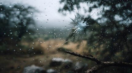 Raindrops on a cracked windowpane revealing a blurred natural landscape and foreground branch