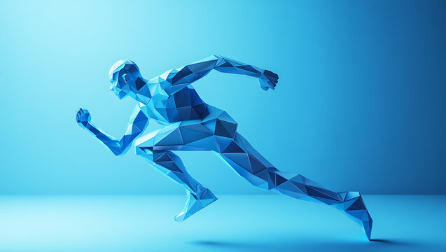 A futuristic low poly 3D model of a runner, captured in a dynamic sprinting pose with a sleek, crystalline blue texture. - Powered by Adobe