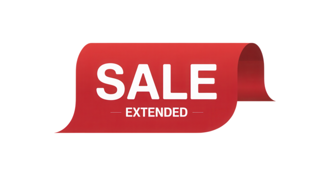 Red sale extended ribbon banner with white text isolated on transparent background - Powered by Adobe