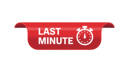 Red ribbon tag with stopwatch icon and last minute text isolated on transparent background