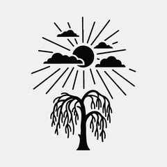 Silhouette weeping willow tree sun and clouds nature scenery Vector illustration