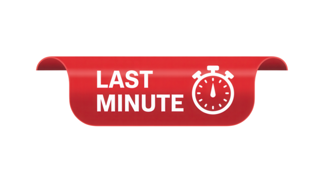 Red ribbon tag with stopwatch icon and last minute text isolated on transparent background
