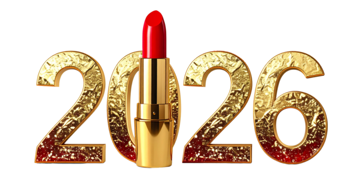 2026 year with red lipstick on a white background. Next to the number, bright red lipstick is placed. Concept happy new year 2026 greetings.