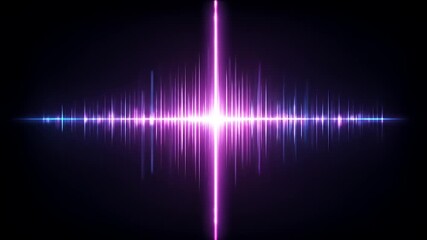 A symmetrical, vibrant audio wave illustration with glowing purple and blue highlights on black - Powered by Adobe