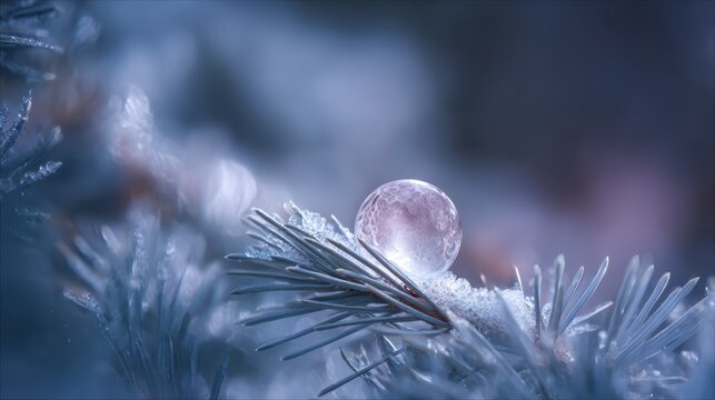 Delicate Frozen Bubble on Pine Needle in Winter Wonderland Scene