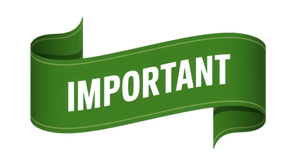 Green ribbon banner displaying the word important in white text isolated on transparent background