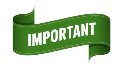 Green ribbon banner displaying the word important in white text isolated on transparent background