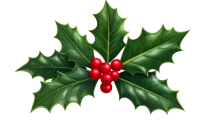 Sprig of holly with red berries isolated on a transparent background