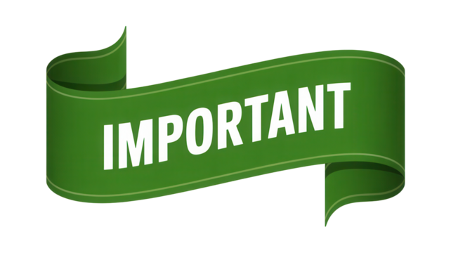 Green ribbon banner displaying the word important in white text isolated on transparent background