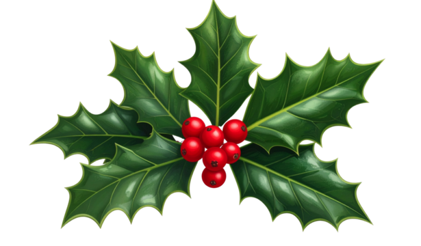 Sprig of holly with red berries isolated on a transparent background