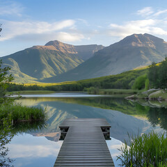 Obraz premium Serene Mountain Lake with Wooden Dock and Reflection at Sunset, a Peaceful Nature Landscape.