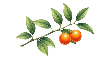 Illustration of kumquat on a branch with leaves isolated on a transparent background. Realistic citrus fruit branch with leaves and two ripe oranges on black
