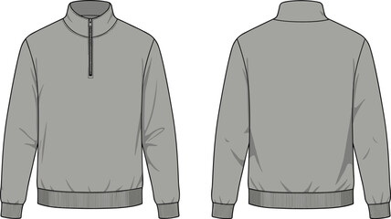 Technical flat sketch vector illustration of long sleeve pullover with zipper collar, ribbed cuffs, waistband, front and back garment views © Eyaruna's World