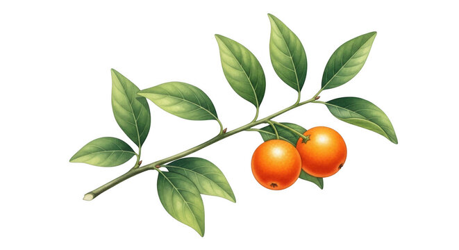 Illustration of kumquat on a branch with leaves isolated on a transparent background. Realistic citrus fruit branch with leaves and two ripe oranges on black