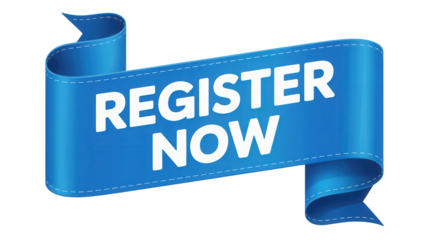 Blue ribbon banner with white text register now isolated on transparent background