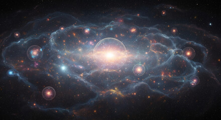 Multiverse Concept: Glowing Bubbles and Nebulae in Vast Interstellar Space