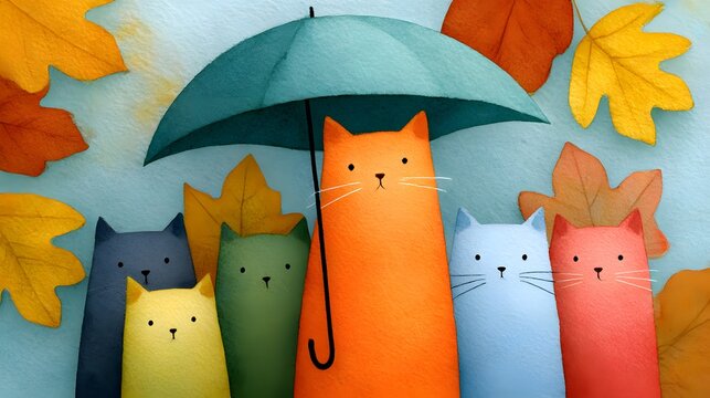 Illustration of Cats Under an Umbrella. Autumn, Rain, Coziness, Childlike Style and Friendship
